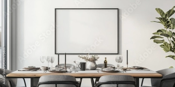 Fototapeta Modern Dining Room Interior Design with Empty Picture Frame Mockup.