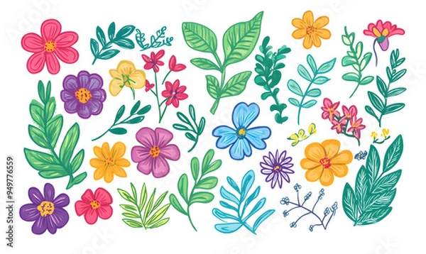 Fototapeta 2D illustrator doodle-style floral and leaf graphics on a white background or wallpaper