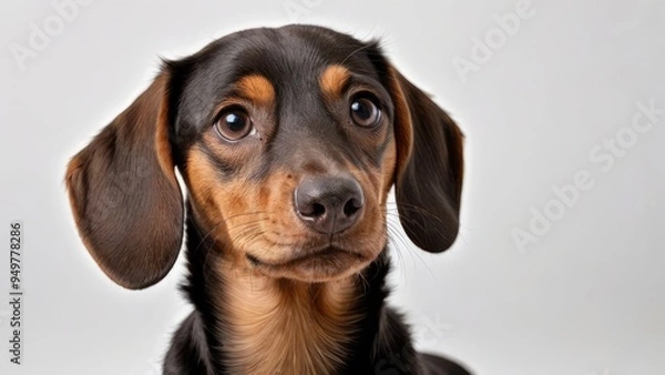 Fototapeta Portrait of Chocolate and tan smooth haired dachshund dog on grey background