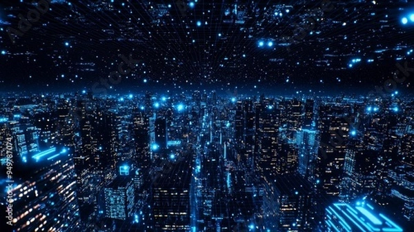 Fototapeta This concept depicts a digital cyberspace with particles and connections to digital data networks