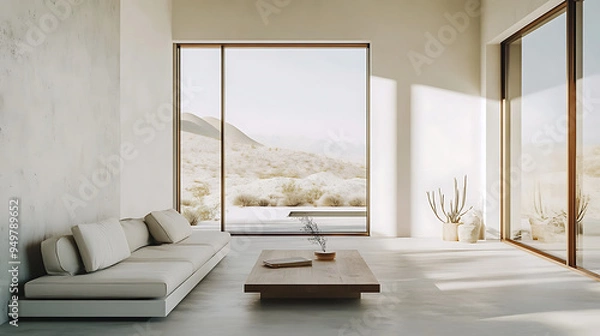 Fototapeta minimalist desert home living room with a white backdrop, featuring a sleek, modern sofa and a single wooden coffee table, sunlight streaming in through large windows