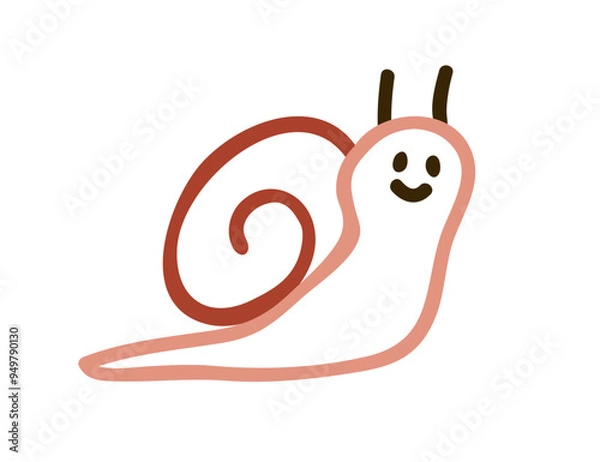 Obraz Cute snail character in doodle simple style, baby drawing. Kawaii funny animal with happy smile, childlike kids sketch. Outlined childish flat vector illustration isolated on white background