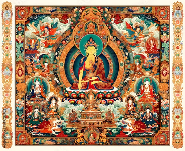 Fototapeta Buddhist Deity Thangka Painting: A vibrant and intricate thangka painting depicting a central deity, surrounded by celestial figures and symbolic imagery, reflecting the rich tradition of Tibetan