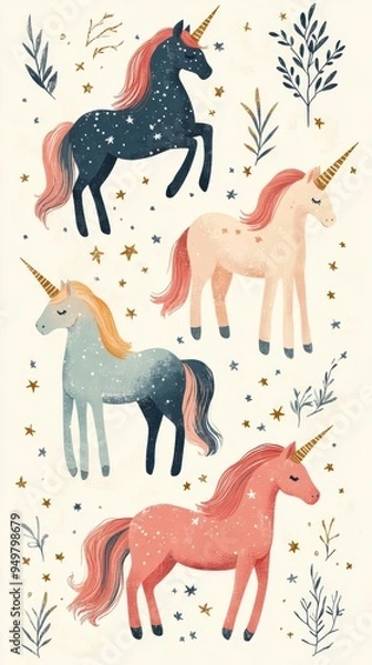 Fototapeta A whimsical illustration of colorful unicorns surrounded by stars and leaves, perfect for children's decor and fantasy themes.