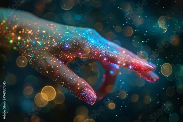 Fototapeta Illuminated Hand with Sparks and Data Points Symbolizing Human Interaction with Digital Technology