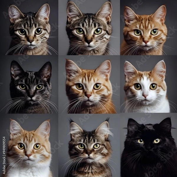 Fototapeta Captivating Feline Portraits A Diverse Collection of Domestic Cat Breeds Showcasing Their Unique Charm and Personality