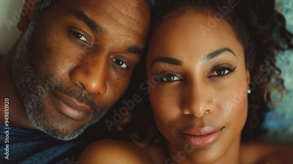 Fototapeta Close-up of a couple lying together, faces close, sharing a quiet, intimate moment, capturing the warmth and love between them.