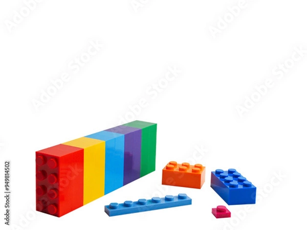 Fototapeta Kids' Construction Set: Border of Assorted Blocks Arranged on a White Surface. blocks.