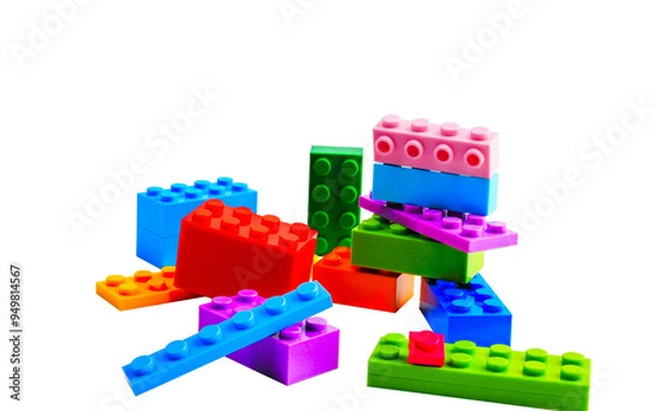 Fototapeta Kids' Construction Set: Border of Assorted Blocks Arranged on a White Surface. blocks.