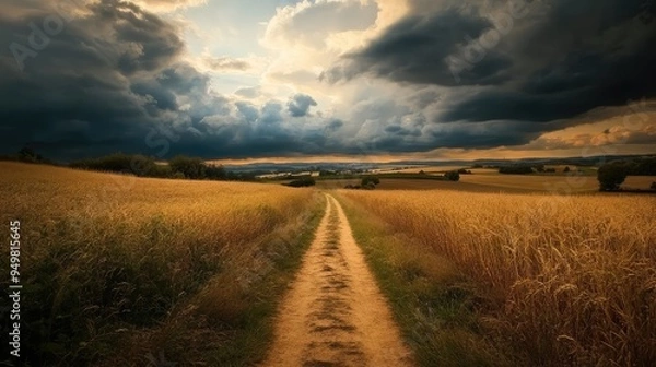 Fototapeta Rural landscape with a dirt path stretching towards a distant horizon, framed by fields and a dramatic sky.