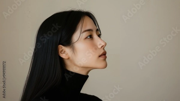 Obraz Side profile of a young Asian woman with long black hair, wearing a black turtleneck. The minimalist background and soft lighting highlight her elegant features and calm expression.