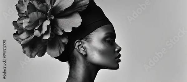 Obraz Elegant black and white profile of a black woman wearing a large floral headpiece. The image highlights her serene expression and the intricate details of the flowers.