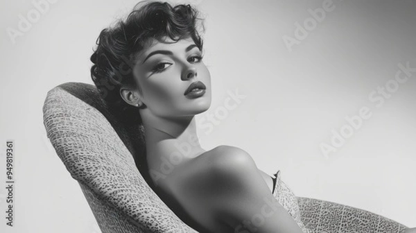 Obraz Black and white portrait of a woman with retro curls, sitting in a vintage chair. The image captures the essence of 1950s elegance and style with its dramatic lighting and classic pose.