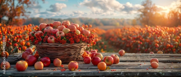 Fototapeta Wooden Basket with lots of red apples on it , on Wooden Table With Field Trees And Sky In Background