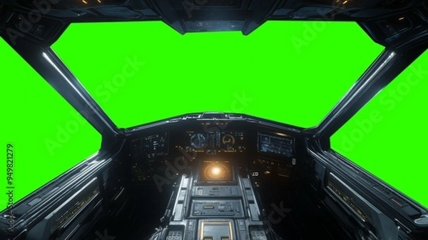 Fototapeta Futuristic spaceship cockpit pilot view with green screen for compositing, advanced control panels, immersive sci-fi design, new beautiful stock image illustration AI.