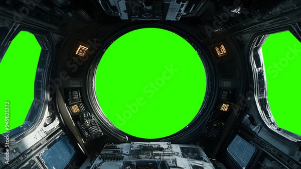 Fototapeta Futuristic spaceship cockpit pilot view with green screen for compositing, advanced control panels, immersive sci-fi design, new beautiful stock image illustration AI.