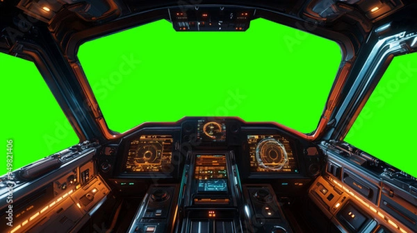 Fototapeta Futuristic spaceship cockpit pilot view with green screen for compositing, advanced control panels, immersive sci-fi design, new beautiful stock image illustration AI.