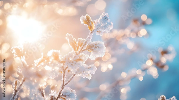 Fototapeta Tree branches adorned with sparkling ice, reflecting light under the clear winter sky photo