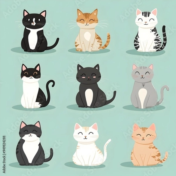 Fototapeta Cartoon Style Assortment of Diverse Worldwide Cat Characters on Serene Pale Robin s Egg Backdrop