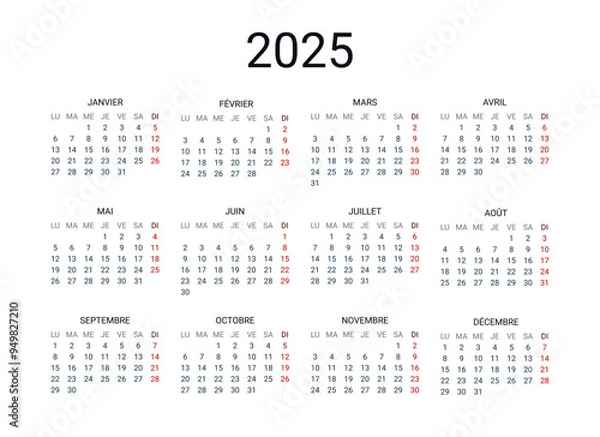 Fototapeta 2025 year French calendar in French language. Classical, minimalistic, simple design. White background. Vector Illustration. Week starts from Monday.