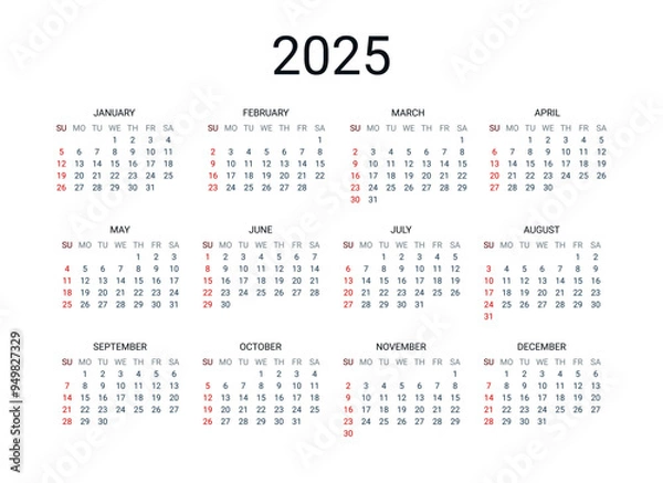 Fototapeta 2025 year English calendar. Classical, minimalistic, simple design. White background. Vector Illustration. Week starts from Sunday.