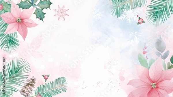 Fototapeta Delicate Watercolor Christmas Backgrounds: Light Pink & Blue with Pine, Snowflakes, and Pink Flowers