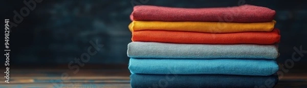 Fototapeta Colorful Stack of Folded Clothes on Wooden Surface with Dark Background