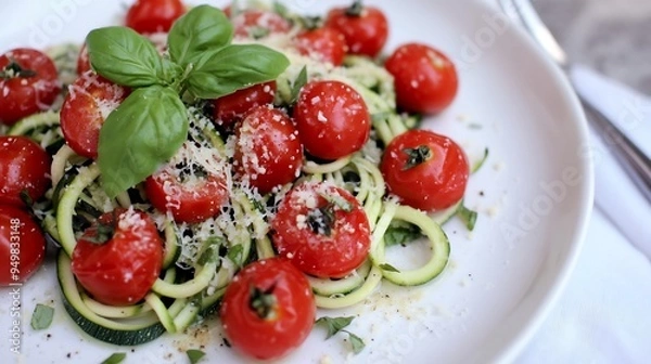 Fototapeta Plate of zoodles zucchini noodles with cherry tomatoes basil and a sprinkle of parmesan presented on a white plate