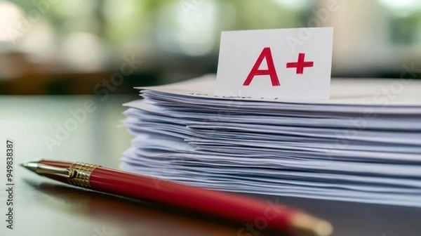 Obraz An exam paper alongside a pen placed on a desk, representing grading and assessment in an academic setting