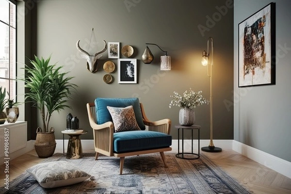 Obraz Modern Armchair in Chic Urban Living Room with Unique Decor and Soft Background - 3D Visualization