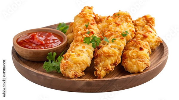 Fototapeta Crispy Chicken Tenders with Red Dipping Sauce on Wooden Plate
