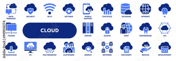 Fototapeta Set of vector solid icons related to cloud computing technology and web file storage. Symbols for website or app ui, logo design, illustration