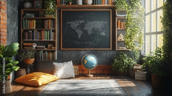 Fototapeta Cozy and Modern Classroom Corner with Blackboard and Books