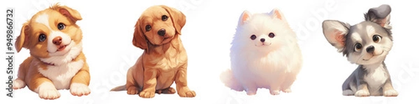 Fototapeta Four cute puppies of various breeds sitting in a row, showcasing their unique and lovable expressions against a white background,clipart,transparent background