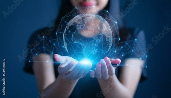 Fototapeta Metaverse Technology concepts. Woman hand holding global network connection. Internet communication, Wireless connection technology. Futuristic technology with polygonal shapes.background