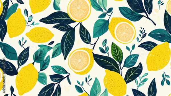 Fototapeta Trendy watercolor lemon pattern. Minimalistic. Rich green and yellow. Light background. Wallpaper. Generative AI