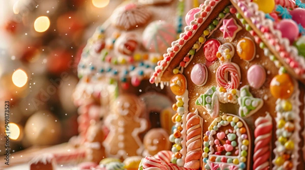 Obraz Gingerbread house adorned with vibrant candy in front of twinkling christmas tree lights