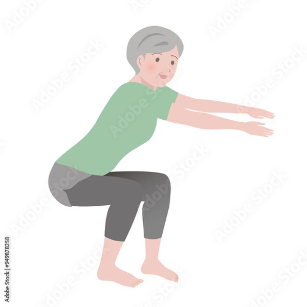 Obraz ダイエット：スクワットをする年配の女性、サルコペニア・生活習慣病予防、筋トレ、健康維持、高齢者