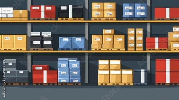 Fototapeta Colorful shelves filled with various packages and containers, showcasing organized storage in a warehouse environment.