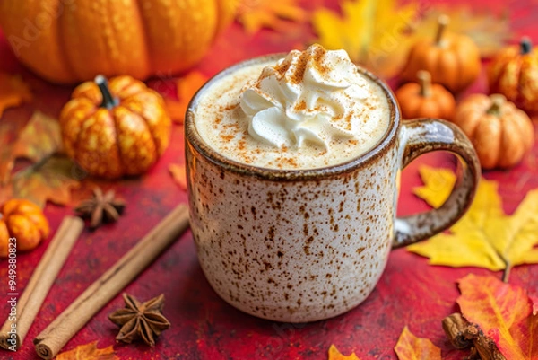 Obraz Pumpkin Spice Latte with Whipped Cream and Fall Decor