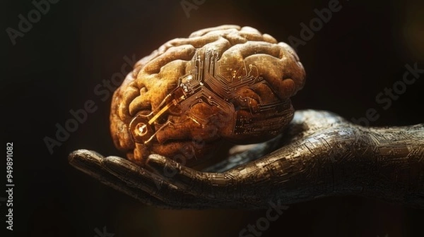 Fototapeta Conceptual representation of intelligence and the future of neuroscience: a human hand holds a brain, symbolizing the connection between technology and the human mind.