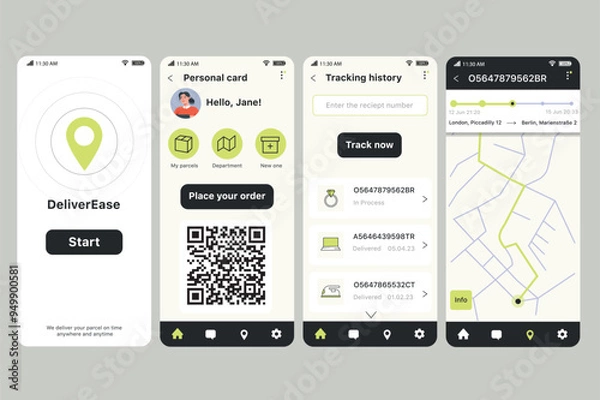 Obraz Delivery app concept in flat design. DeliverEase mobile app interface display with a personal card section with package management options and tracking history. Vector Illustration.