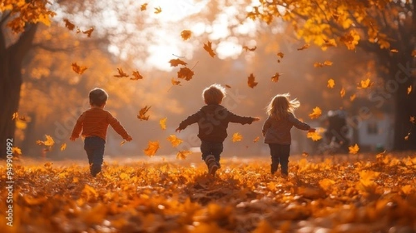 Fototapeta Three children run through a colorful pile of autumn leaves, laughing and enjoying the crisp air under a glowing sun.