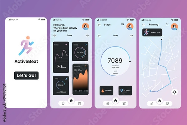Fototapeta Activity tracking app concept in flat design. An in-depth look at the ActiveBeat fitness app, showing UI elements for tracking various fitness and health metrics. Vector Illustration.