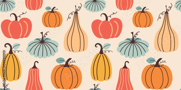 Fototapeta Autumn seamless pattern with pumpkin. Fall season vector illustration in flat design. Textile, wallpaper and scrapbook paper pattern.