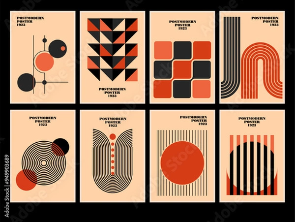 Fototapeta Set of 20s minimalistic geometric posters inspired postmodern of vector abstract dynamic symbols with bold geometric shapes, useful for web background, poster art design, hi-tech print, cover artwork