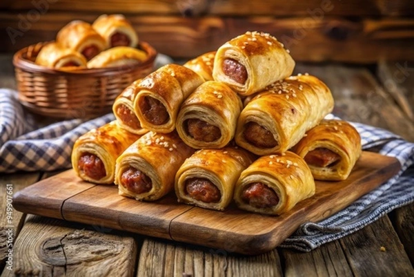 Fototapeta Golden sausage rolls fresh out of the oven, steaming hot and wrapped in flaky pastry, set against a warm and cozy wooden background with soft natural light.