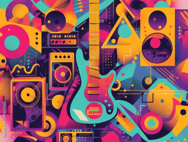 Fototapeta Ai Generated Art Abstract Funky 2D Flat Psychodelic Music Disco Background in Purple Yellow Pink Blue Rainbow Bright Colors