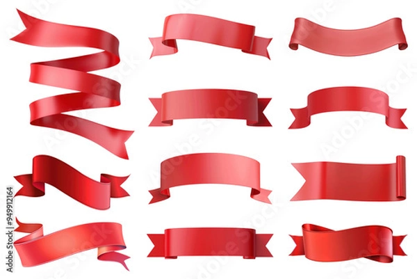 Fototapeta PNG red ribbon banner element set, transparent background