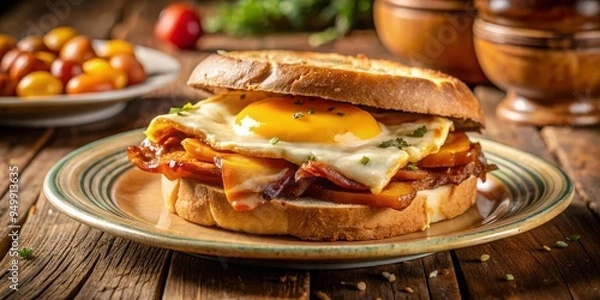 Fototapeta A delicious bacon and egg sandwich, topped with crispy bacon and melted cheddar cheese, on a vintage-inspired plate, against a warm, sunny background.